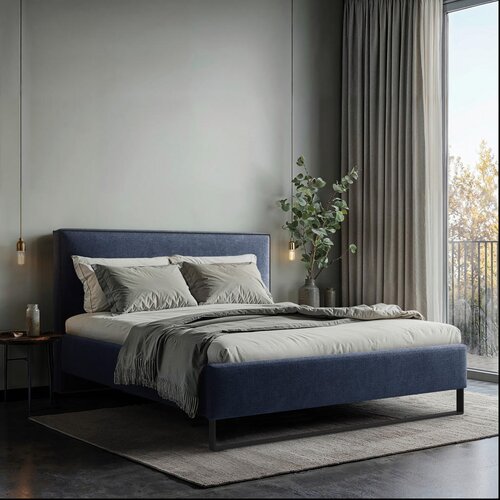 MID.YOU OBLAZINJENA POSTELJA 140 cm x 200 cm , les, tekstil, leseni material temno modra Cene