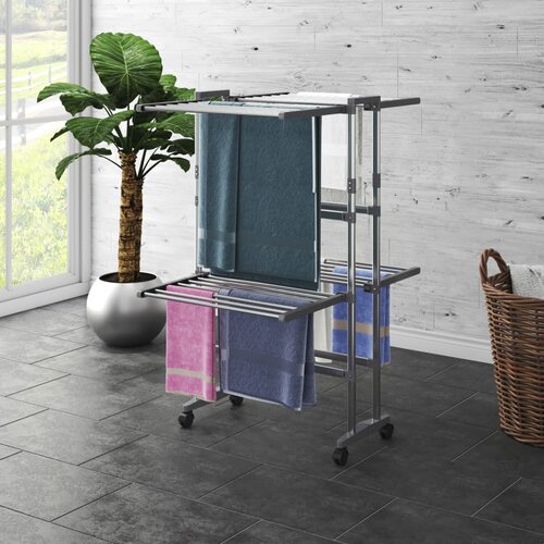 vidaXL 2-nadstropno stojalo za perilo s kolesi srebrno 60x70x106 cm Cene
