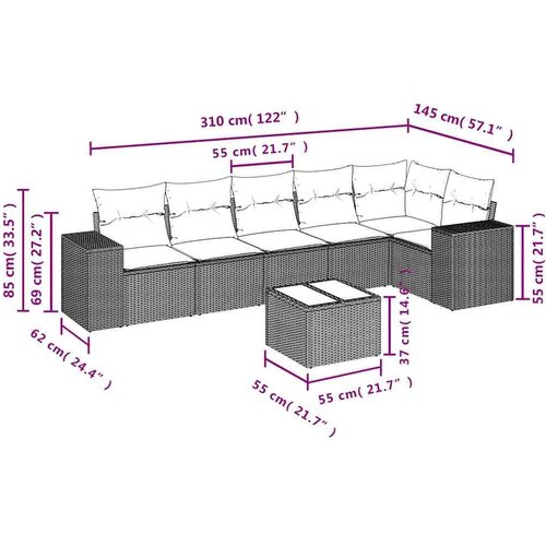 VidaXL 7-dijelni set vrtnih sofa od poliratana s jastucima smeđi Slike