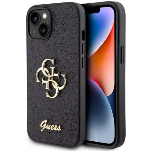 Guess GUHCP15SHG4SGK silikonski ovitek za iPhone 15 - črn z bleščicami in zlatim logom