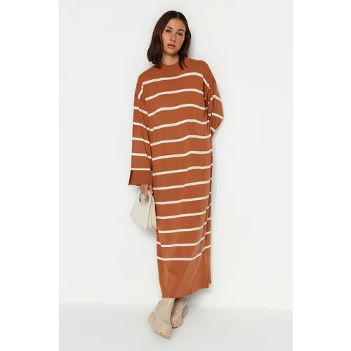 Trendyol Light Brown Striped Knitwear Dress With Slit Detailed Sleeves