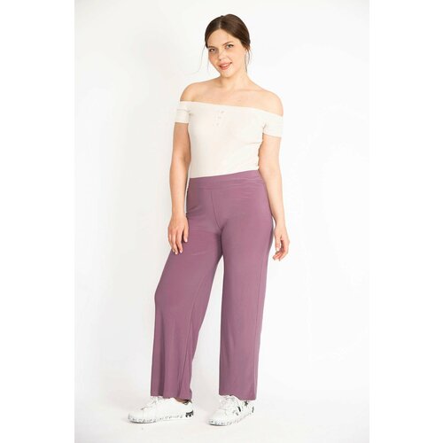 Şans Women's Lilac Plus Size Lycra Buzy Fabric Elastic Waist Trousers. Slike