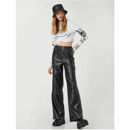 Koton Leather Look Trousers Wide Leg Stitching Detail Pockets.