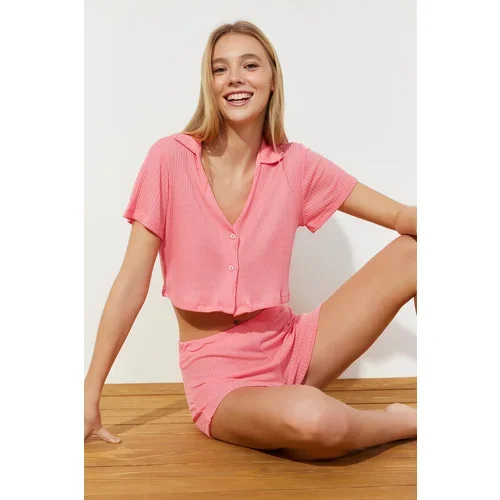 Trendyol Pink Corded Crop T-shirt-Shorts Knitted Pajama Set