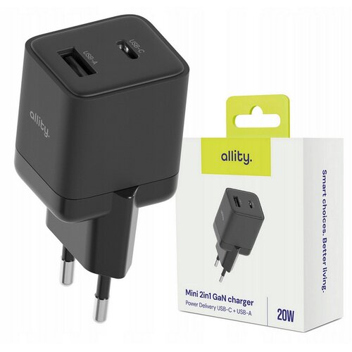 ALLITY zidni polnilec GaN PD QC ATC-01-20WAC 1x USB-C 1x USB-A 20W črn Cene