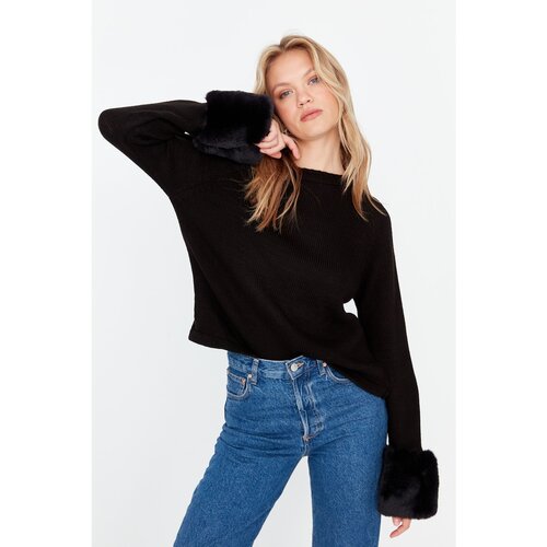 Trendyol Black Fur Detailed Crew Neck Knitwear Sweater Slike