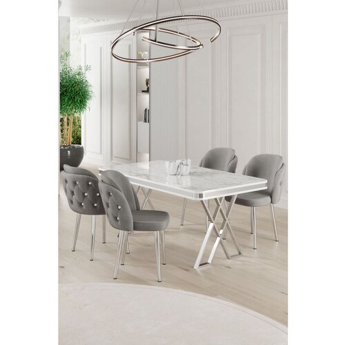 Hanah home Rigel - White, Chrome, Grey WhiteChromeGrey Dining Table & Chairs Set (5 Pieces) Cene
