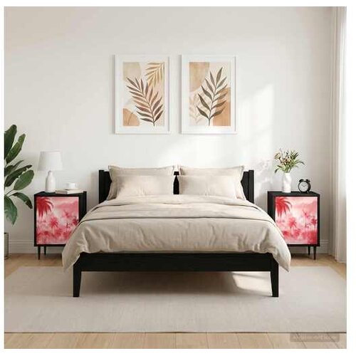VidaXL Noćni ormar AACHEN 2 kom. Crni hrast 36 x 33 x 51 cm - Ružičasti uzorak palme 2 Slike