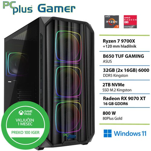 PCPLUS Gaming namizni računalnik PCPLUS Gamer, R7 9700X, 32 GB RAM, 2 TB SSD, RX 9070XT, W11H + Xbox GP, (5000005397) Slike