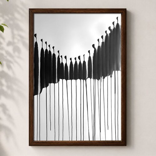 Wallxpert uramljena mdf slika 3752KACT-042, apstraktne crne kapi boje na svetlosivoj pozadini, 37 x 52 cm Cene