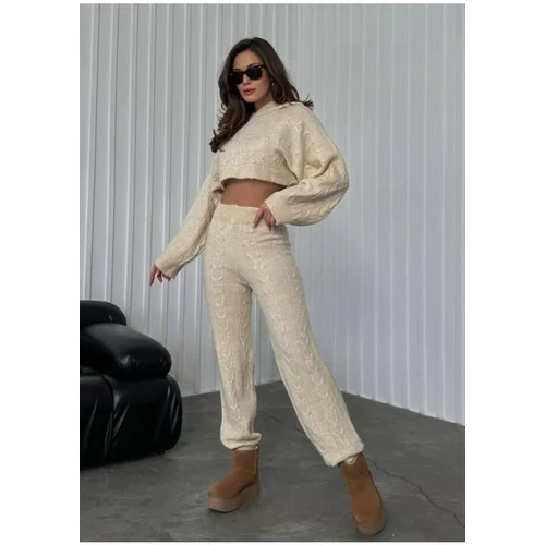 Laluvia Cream Hooded Knitted Crop Knitwear Suit with Elastic Waist Legs