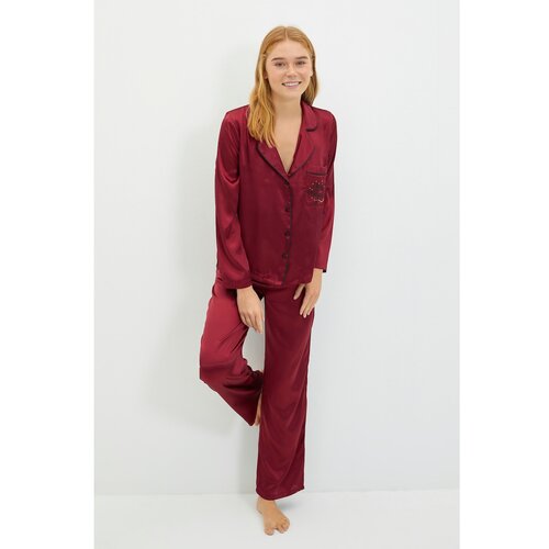 Trendyol Claret Red Christmas Themed Woven Pajamas Set Slike