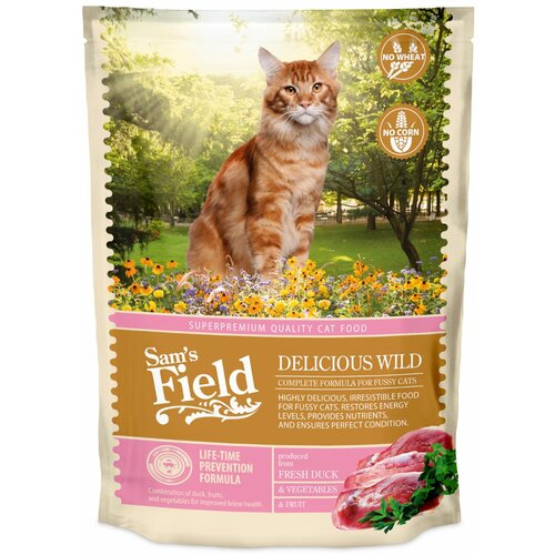 Sams Field Cat Adult Delicious Wild sveža patka, voće i povrće, potpuna suva hrana za izbirljive odrasle mačke 400g Cene