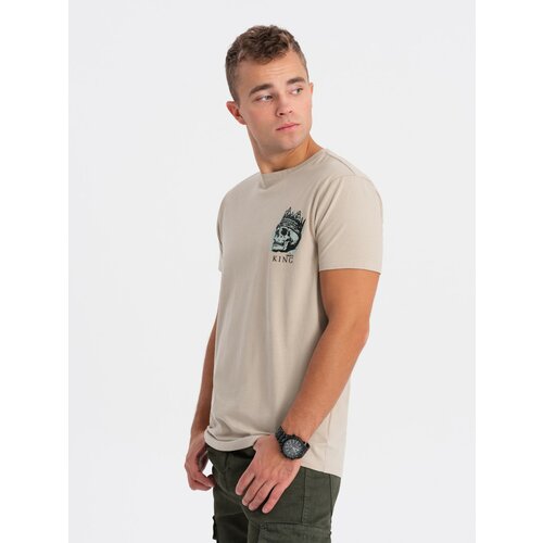 Ombre Men's cotton t-shirt with chest print - beige Slike