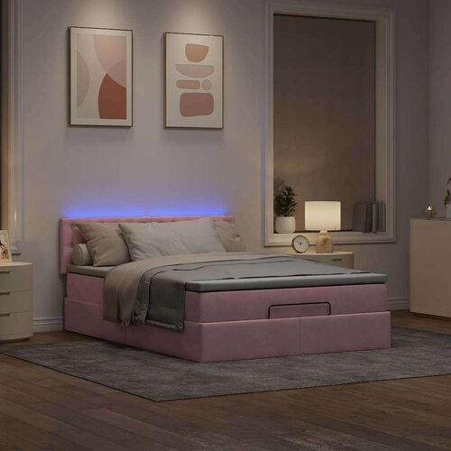  Otomanska postelja z vzmetnico &amp;amp; LEDs roza 140x200cm žamet Slike