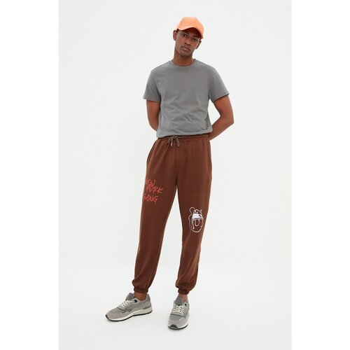 Trendyol Brown Men's Oversize Fit Elastic Pants Printed Sweatpants Cene