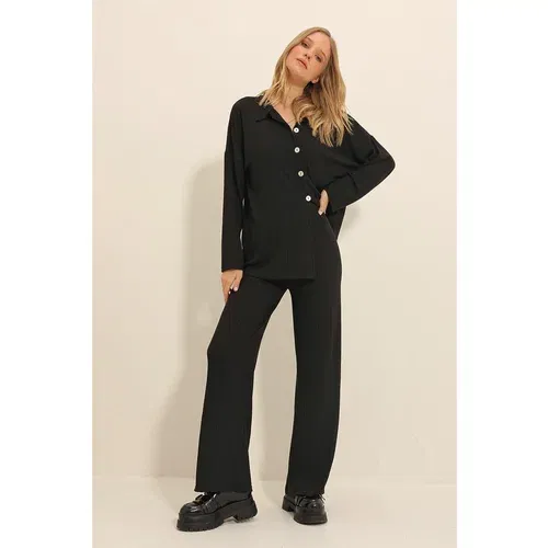 Trend Alaçatı Stili Women's Black Front Buttoned Knitwear Cardigan And Palazzo Trousers Double Suit