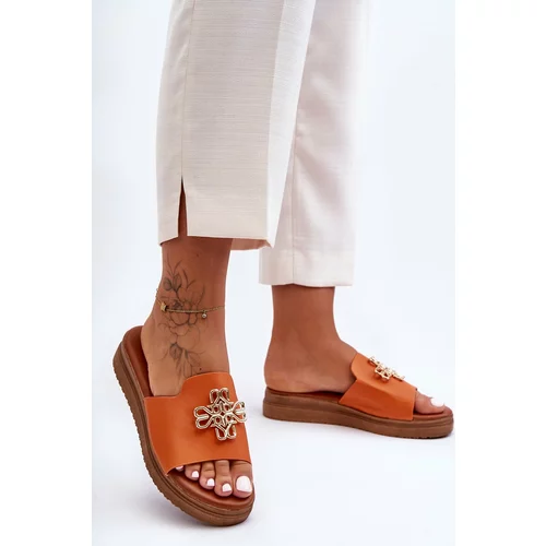 Kesi Women's leather platform sandals with Azera orange decoration