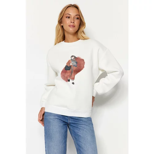 Trendyol Ecru Regular/Regular fit Sweater Detailed Printed Fleece Fleece Knitted Sweatshirt