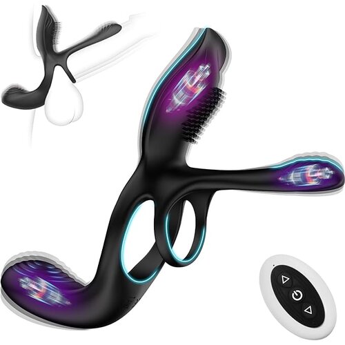 SuperLove Vibrating 3in1 Cock Ring for Couples with Remote Black Cene