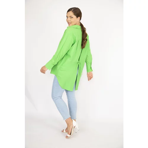 Şans Women's Plus Size Green Back Slit And Lace Detail Front Buttoned Shirt