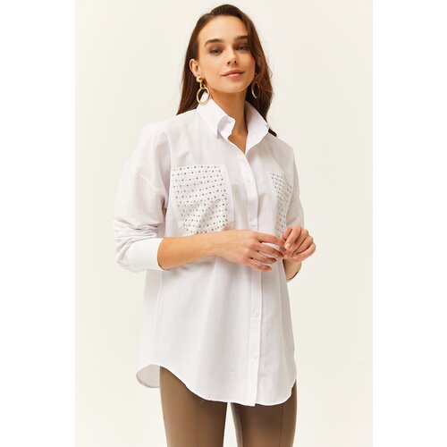 Olalook Women's White Pocket Staple Detailed Oversize Shirt Slike