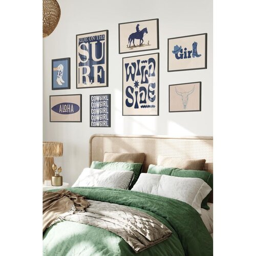 Wallxpert set od 8 uramljenih slika &Ccedil;gs-009, plavi kaubojski i surf motivi &ndash; wild side, cowgirl, aloha i lobanja bika, crni ram Cene