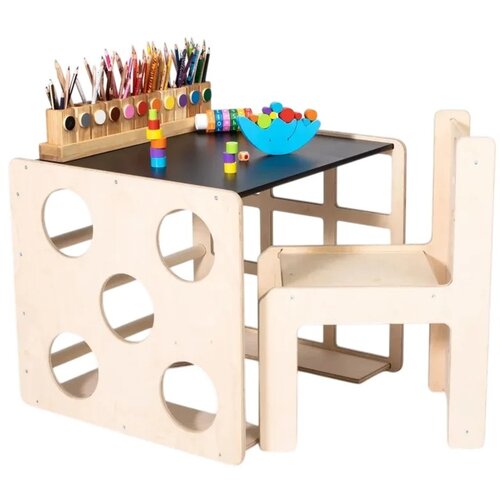 Kinder Home Montesori set 2 u 1 dečiji sto sa stolicom i kockom za penjanje, sto za aktivnu igru, prirodno drvo Slike