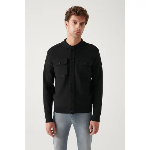Avva Men's Black Woolen Chest Pocket Buttoned Polo Collar Standard Fit Normal Cut Cardigan Coat