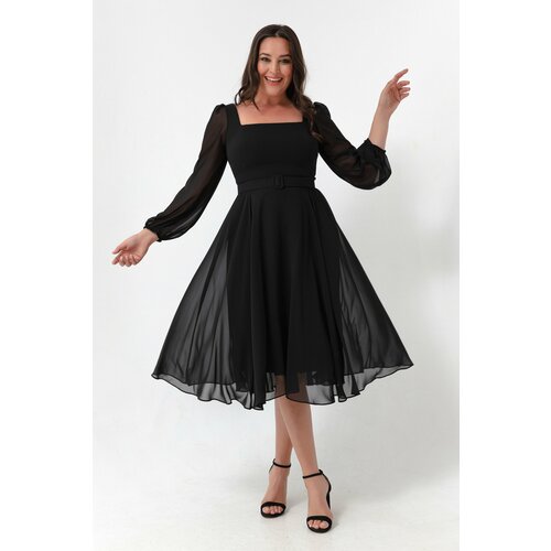 Lafaba Women's Black Square Neck Belted Midi Chiffon Plus Size Evening Dress. Slike