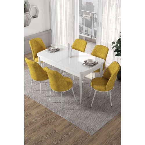 Hanah home trpezarijski set Via, sto na razvlačenje i 6 stolica, bela ploča, senf žuta tkanina Jerry Cene