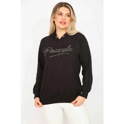 Şans Women's Plus Size Black Stone And Lace Detail Hooded Sweatshirt