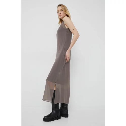 Calvin Klein Svilena haljina boja: siva, maxi, ravna