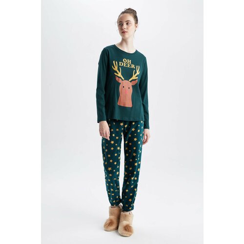 Defacto Fall In Love Regular Fit Christmas Themed Crew Neck Printed Pajamas Set Slike