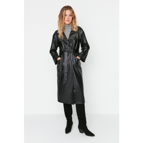 Trendyol Black Oversize Faux Leather Snap Closure Trench Coat Cene