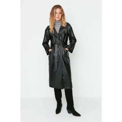 Trendyol Black Oversize Faux Leather Snap Closure Trench Coat