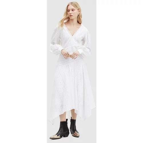 AllSaints Pamučna haljina AVIANA BRODERIE DRES boja: bijela, maxi, širi se prema dolje, WD579Z