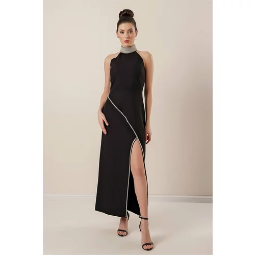 By Saygı Stone Detailed Long Dress with a Slit in the Front Black