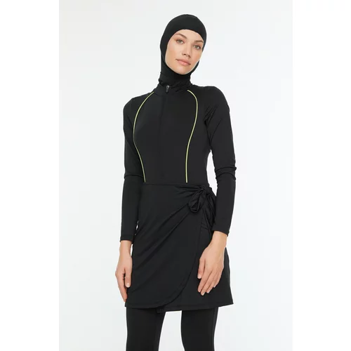 Trendyol Black Stripe Detailed Surf 4-Piece Hijab Swimsuit Set