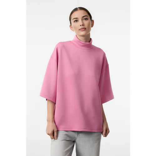  Pink Oversize/Wide Pattern Stand Collar Three Quarter Sleeve Knitted Sweatshirt