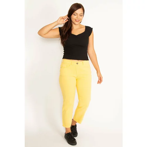 Şans Women's Large Size Yellow 5 Pocket Jeans Trousers