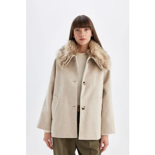 Defacto Faux Für Detachable Collar Buttoned Pocket Short Cashmere Coat