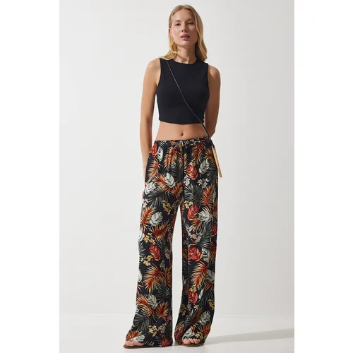  Women's Black Tile Patterned Flowing Viscose Palazzo Trousers