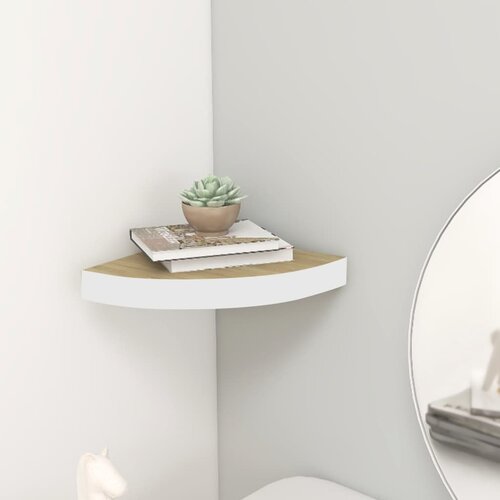 VidaXL Kotna stenska polica barva hrasta in bela 35x35x3,8 cm MDF Slike