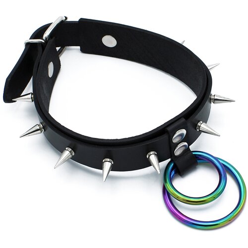 Kiotos Leather Spiked Collar Double Rainbow O-Ring Black Slike