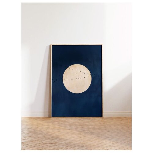 Wallxpert uramljena slika 115212, pun mesec i jato ptica na tamnoplavoj pozadini, 50 x 70 cm, ram u boji prirodnog drveta Cene