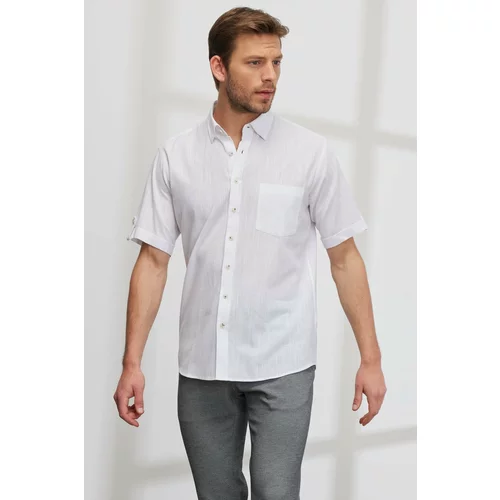 AC&Co / Altınyıldız Classics Men's White Comfort Fit Comfortable Cut, Buttoned Collar Linen-Looking 100% Cotton Short Sleeve Shirt.