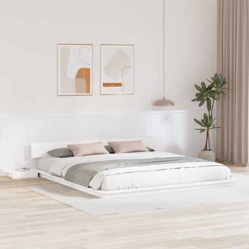 VidaXL Tloravni posteljni okvir z nočnima omaricama Bela 180x200cm Trdi les Slike