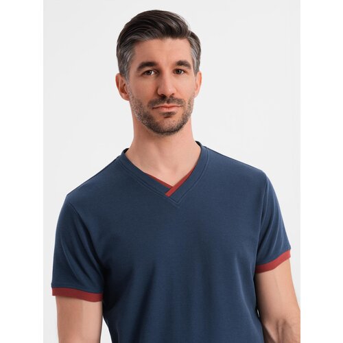Ombre Men's T-shirt with contrasting inserts and v-neck - navy blue Cene