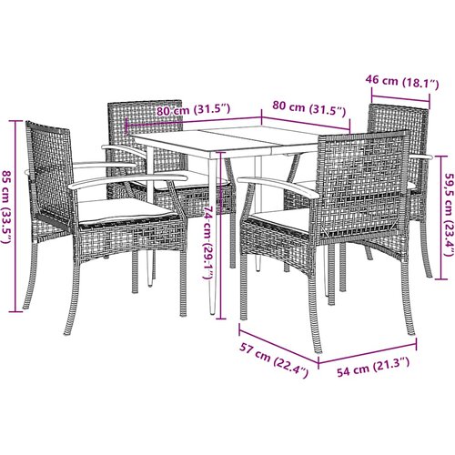  5-dijelni vrtni blagovaonski set s jastucima od poliratana crni Crna 80 x 80 x 74 cm Slike